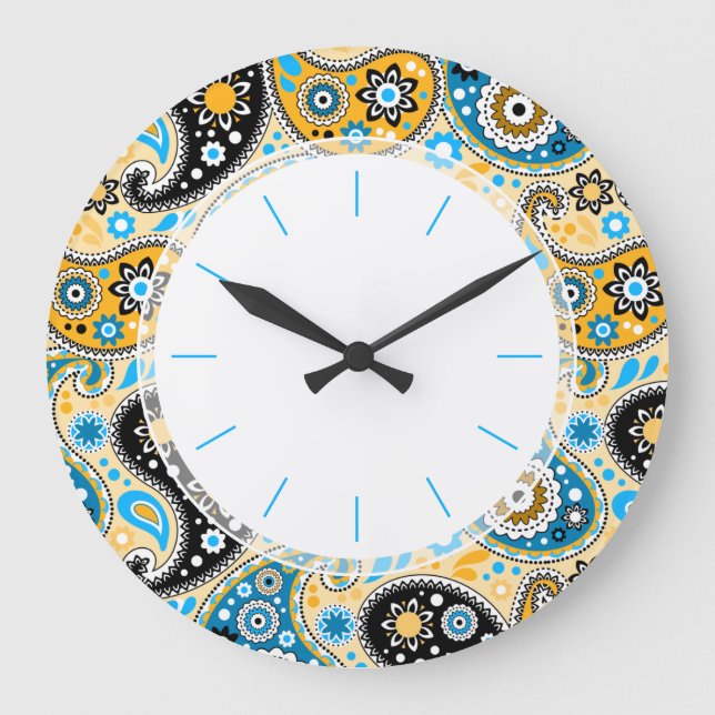 Grande Horloge Ronde Bohemian Seventies Retro Blue et Gold Paisley (Recto)