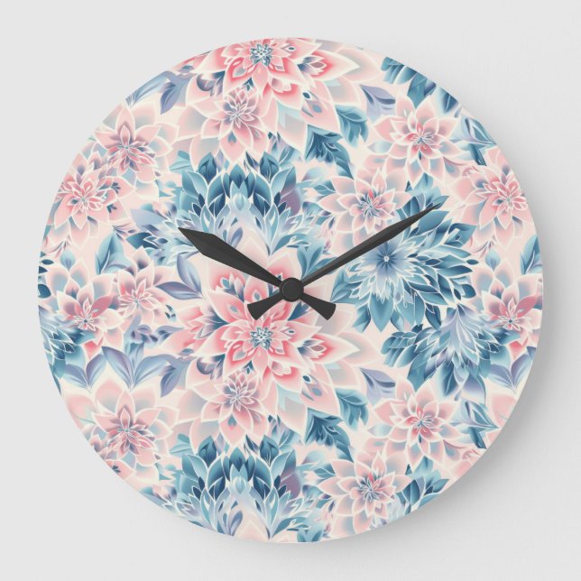 Grande Horloge Ronde Boho Abstrait Floral Pastel rose bleu vert (Recto)