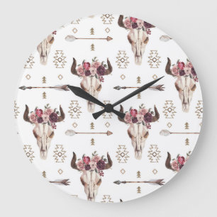 Grande Horloge Ronde Boho aquarelle : flèches, motif crâne.