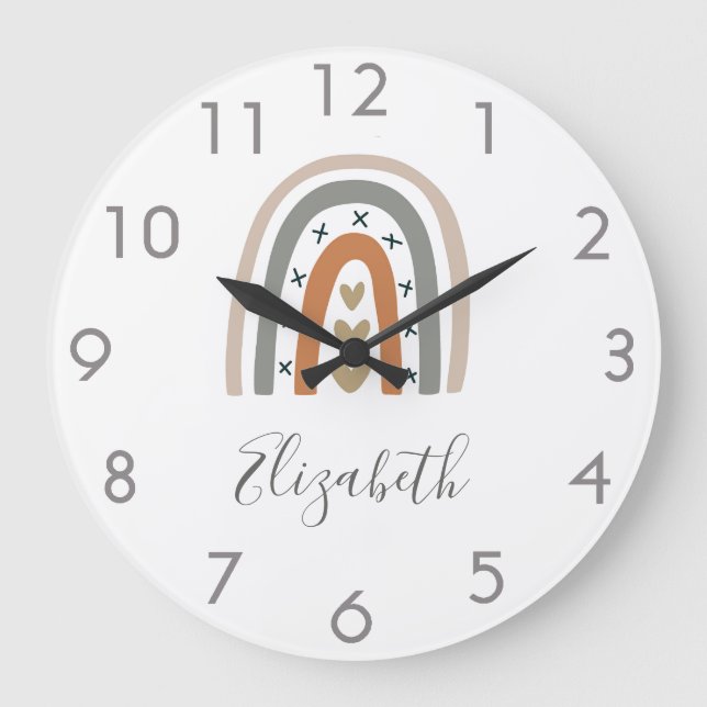 Grande Horloge Ronde Boho arc-en-ciel brun beige gris blanc pépinière m (Recto)