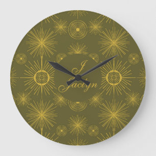 Grande Horloge Ronde Boho Celestial Sun Stars Personnalisé Vert