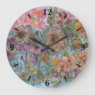 Grande Horloge Ronde Boho Chic Flower Garden aquarelle peinture