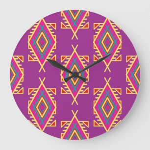 Grande Horloge Ronde Boho Chic : Ornement Ethnique Sans Seamless