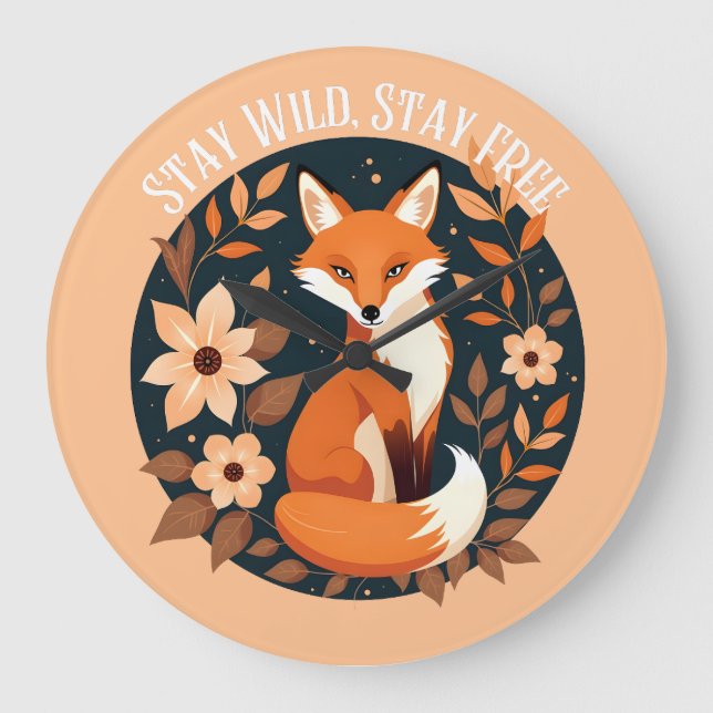 Grande Horloge Ronde Boho Fox "Stay Wild, Stay Free" Woodland Design (Recto)