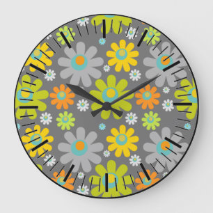 Grande Horloge Ronde Boho Hippie Gris/Vert/Yel/Orange Daisées Sur Grey