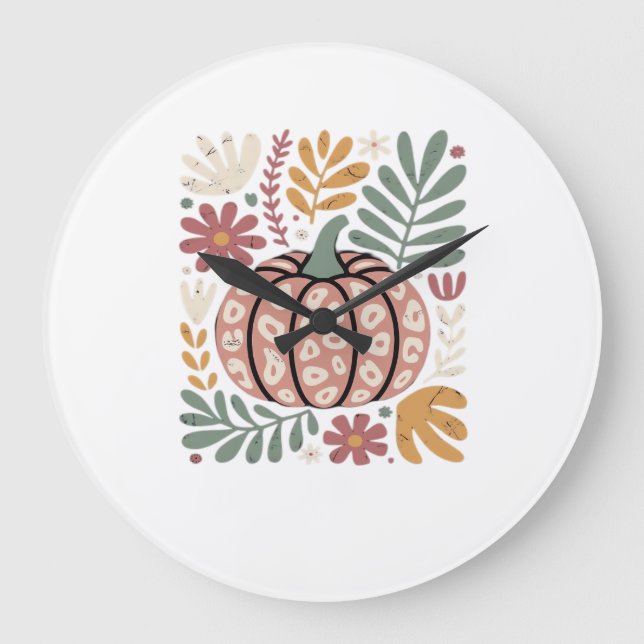 Grande Horloge Ronde Boho Léopard Citrouille Automne � Fleur Rétro D'Au (Recto)