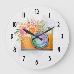 Grande Horloge Ronde Boho Orange Caméra & Fleurs Aquarelle