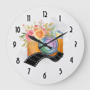 Grande Horloge Ronde Boho Orange Caméra & Fleurs Aquarelle