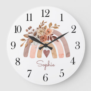 Grande Horloge Ronde Boho personnalisé aquarelle Rainbow Nursery