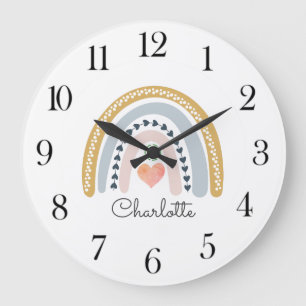 Grande Horloge Ronde Boho personnalisé aquarelle Rainbow Nursery