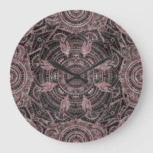 Grande Horloge Ronde Boho Rose Gold Gray Mandala Elegant Design