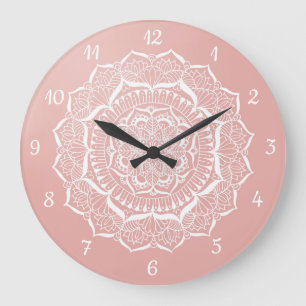 Grande Horloge Ronde Boho Rose Gold Mandala Art