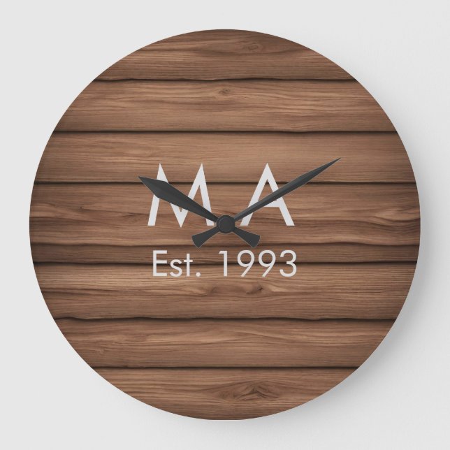Grande Horloge Ronde boho rustique Brown ajouter nom lettre année date  (Recto)