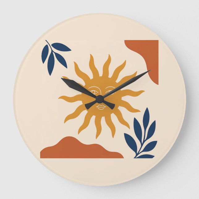 Grande Horloge Ronde Boho Sun Face Abstract Terracotta Wall Clock (Recto)