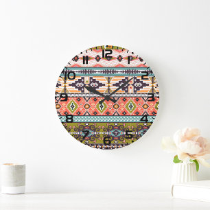 Grande Horloge Ronde Boho Tribal Motif géométrique Sud-Ouest Aztec