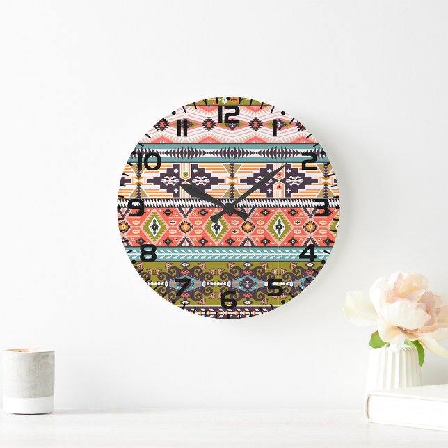Grande Horloge Ronde Boho Tribal Motif géométrique Sud-Ouest Aztec (Créateur téléchargé)