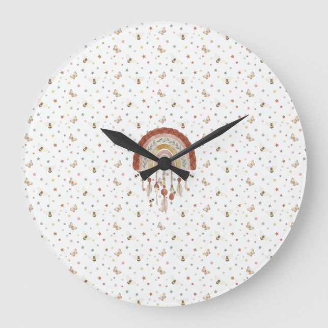 Grande Horloge Ronde Boho Whimsical Bee & Earthy Rainbow Nursery Round  (Recto)