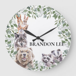 Grande Horloge Ronde Bois Animaux Aquarelle monogramme Chambre pour enf