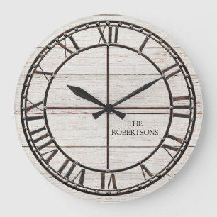 Grande Horloge Ronde Bois Blanc de Ferme Lambris Rustique Art de Ferme