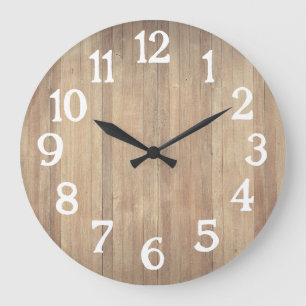 Grande Horloge Ronde Bois Blanc Numéros Bois Plaque Simple Décor