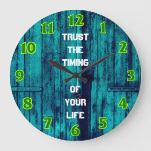 Grande Horloge Ronde Bois bleu rustique avec plage de citation