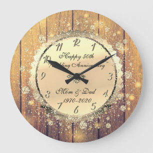Grande Horloge Ronde Bois, Confettis Or 50e Anniversaire de Mariage