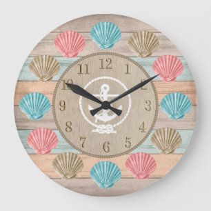 Grande Horloge Ronde Bois de plage Coquillages marins et Ancre