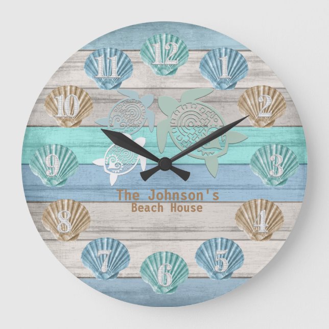 Grande Horloge Ronde Bois de plage nautique avec tortues et coquillages (Recto)