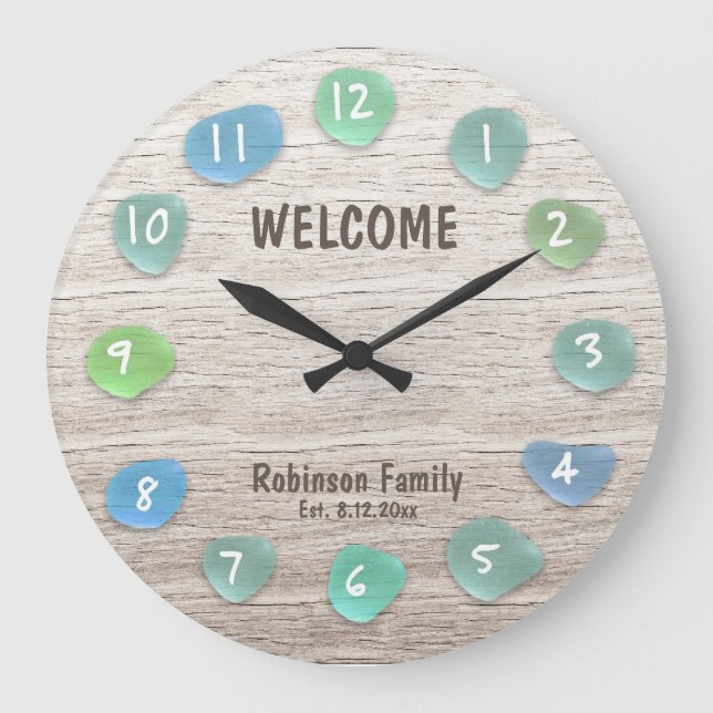 Grande Horloge Ronde Bois flottant de la plage de verre de mer personna (Recto)