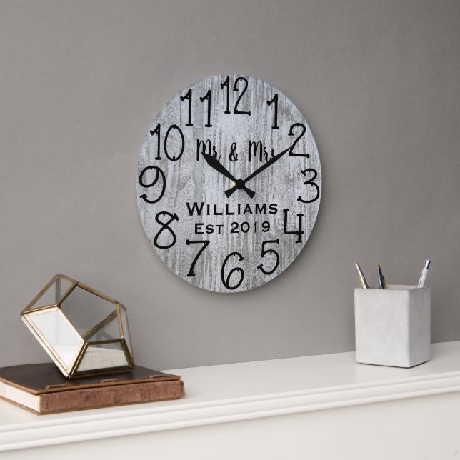 Grande Horloge Ronde Bois gris personnalisé rustique sur mesure (Bureau)