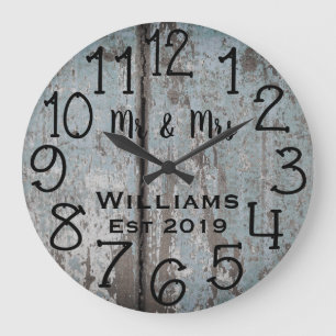 Grande Horloge Ronde Bois Personnalisé Distressed Sarcelle Rustique Sur