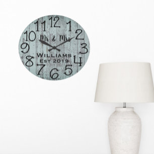Grande Horloge Ronde Bois Personnalisé Télè Distressed Teal Rustique Su