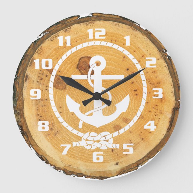Grande Horloge Ronde Bois rustique Ancre nautique (Recto)