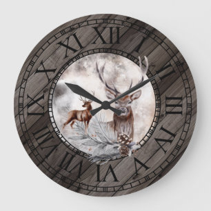Grande Horloge Ronde Bois rustique aquarelle pays bois chiffres romains