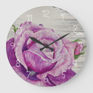 Grande Horloge Ronde Bois rustique Aquarelle Rose violet