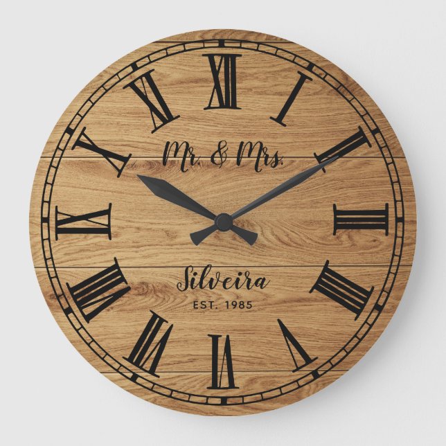 Grande Horloge Ronde Bois rustique M. Mme Farmhouse Nom personnalisé Bo (Recto)