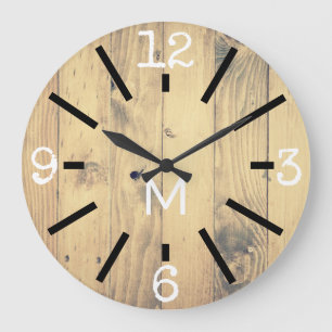 Grande Horloge Ronde Bois rustique moderne imprimé et noir
