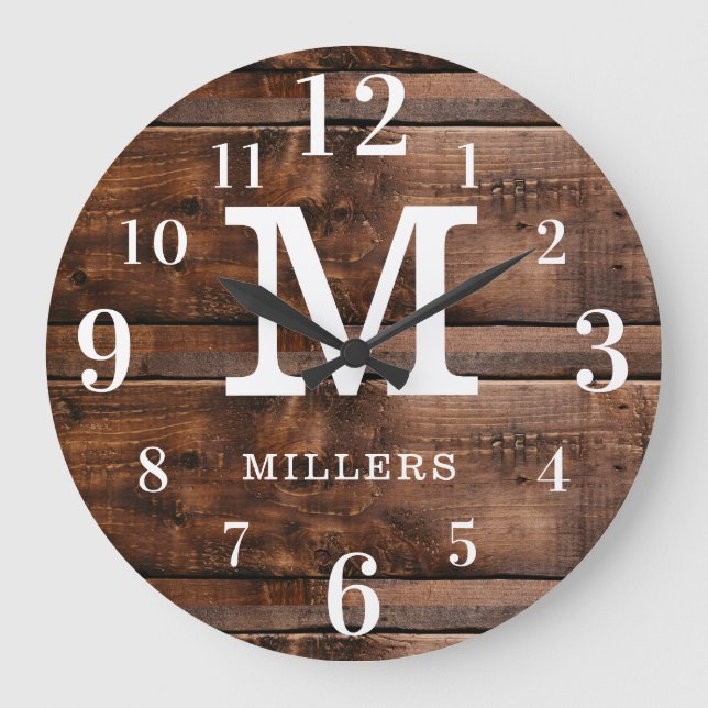 Grande Horloge Ronde Bois rustique Nom de famille Grand nombre Monogram (Recto)