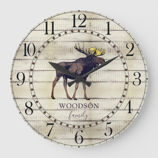 Grande Horloge Ronde Bois rustique Nom de famille Marcher Moose Grande  (Recto)