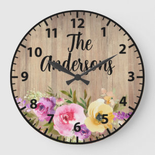 Grande Horloge Ronde Bois Rustique Personnalisé Rose violet Roses Jaune