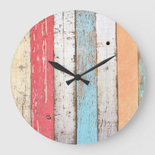 Grande Horloge Ronde Bois vintage : Texture criquée multicolore.