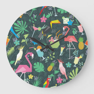 Grande Horloge Ronde Boissons D'Oiseaux Tropicaux : Vibrant Sans Fil.