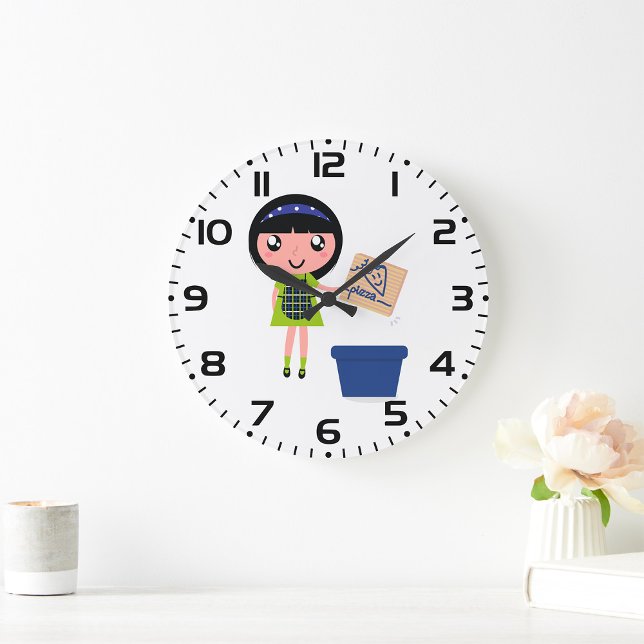 Grande Horloge Ronde Boîte à pizza Recycling Girl Amusante Éco-Friendly (Créateur téléchargé)