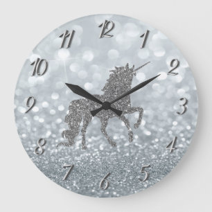 Grande Horloge Ronde Bokeh Pailleté Argent Élégant, Licorne
