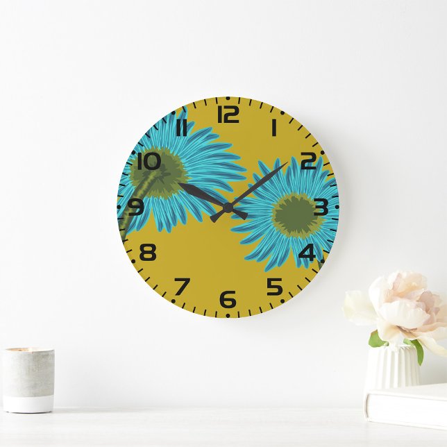 Grande Horloge Ronde Bold Blue Daisy Art sur Mustard Yellow Arrière - p (Créateur téléchargé)