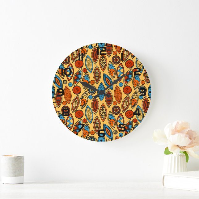 Grande Horloge Ronde Bold Tribal Leaf Pattern Boho Abstract (Créateur téléchargé)