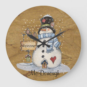 Grande Horloge Ronde Bonhomme de neige d'art populaire sur le vieux
