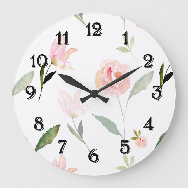 Grande Horloge Ronde Bonjour belle aquarelle florale (Recto)