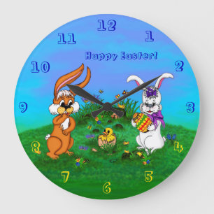 Grande Horloge Ronde Bonne Pâques ! Lapin avec lapin et poussin