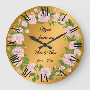Grande Horloge Ronde Bonne Personnaliser Gold Rose Anniversaire